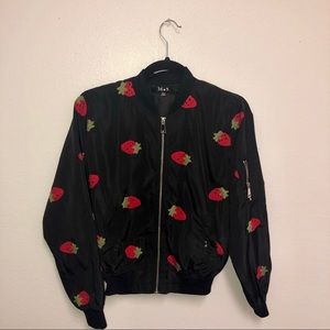 Strawberry Bomber Jacket from Fashion Nova, L